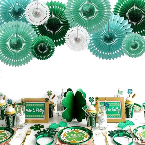 Green Decorations for Party Green White Honeycomb Paper Fans Set