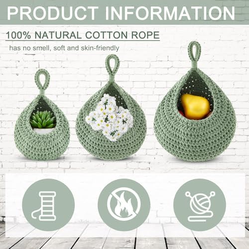 Boho Decor Hanging Wall Baskets / Sage Green / Cotton Rope / Teardrop / Set of 3