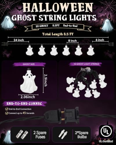 8.5FT Halloween White Ghost String Lights, Plug-in 10 LED Decor