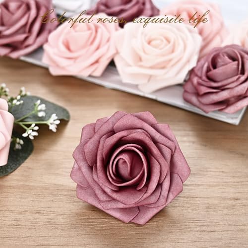 BLEUM CADE 36Pcs Artificial Flowers Fake Foam Roses with Stems for Wedding