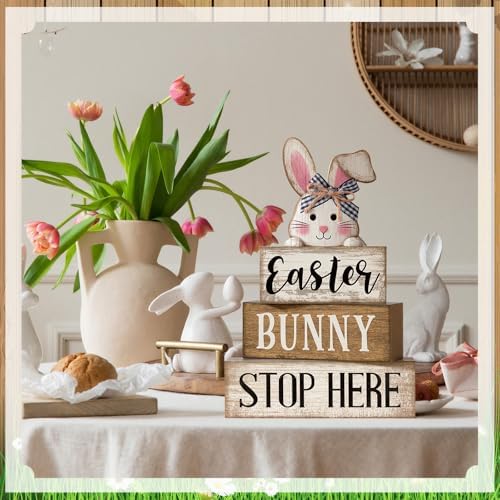 Moucuny 4 Pcs Easter Bunny Wood Signs Farmhouse Tiered Tray Table Decor