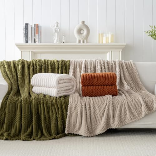 4 Pc Boho Throw Blanket - Soft & Fluffy Fleece, Neutral Tan Color, Cute & Aesthetic, Perfect for Sofa, Couch, Chair