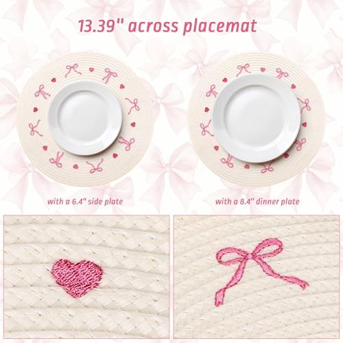 Whaline 4 Pcs Round Placemats White Pink Bow Embroidered Place Mats Coquette Bowknot Heart Dinner Table Mats for Home Wedding Baby Shower Birthday Party Decor