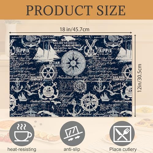 Nautical Navy Blue Placemats Set of 6,Washable Heat Resistant 12×18 Inch Linen Table Mats Caribbean Sailing Place Mats for Party Outdoor Dining Décor