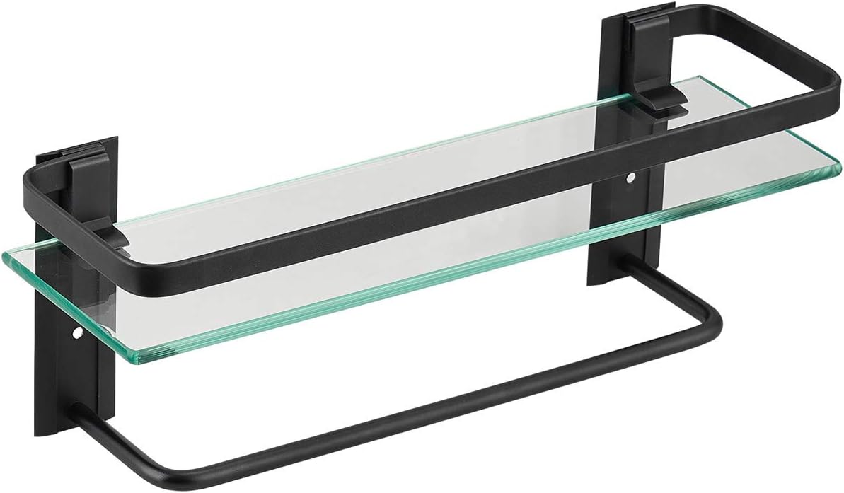 Bathroom Glass Shelf with Towel Bar Black Bathroom Shelf Wall Mount Rustproof Bathroom Wall Organizer Towel Rails1 Tier