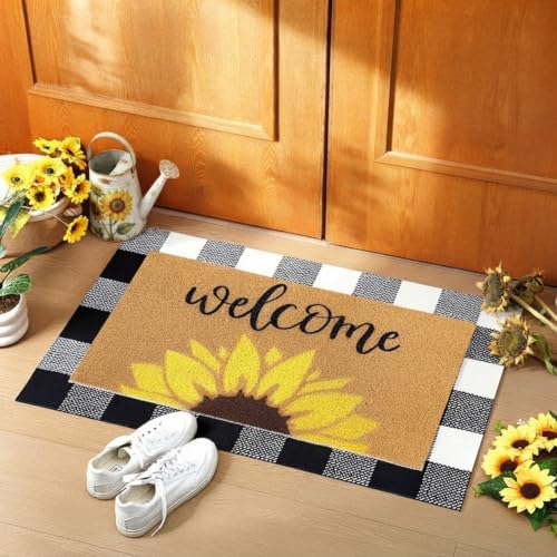 Tinideya 2 Pcs Sunflower Layering Door Mat Set for Front Door Decor