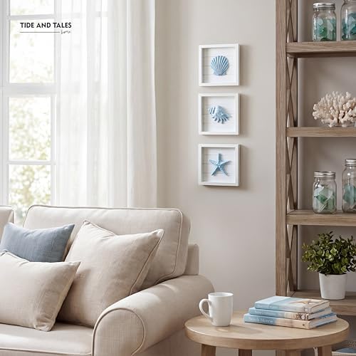 Tide and Tales 3D Coastal Wall Art, Beach Wall Decor, Framed Set of 4, Blue