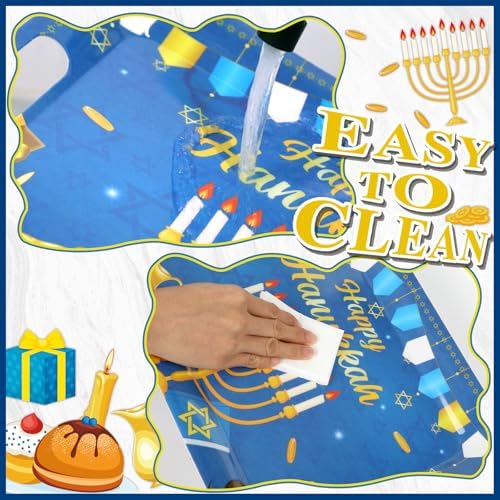 gisgfim 2Pcs Happy Hanukkah Serving Trays with Handles 16 x 11 Inch Large Melamine Tray Rectangular Jewish Chanukah Serving Platter Menorah Blue White Tray Melamine Dishes for Serving Dinner Dessert