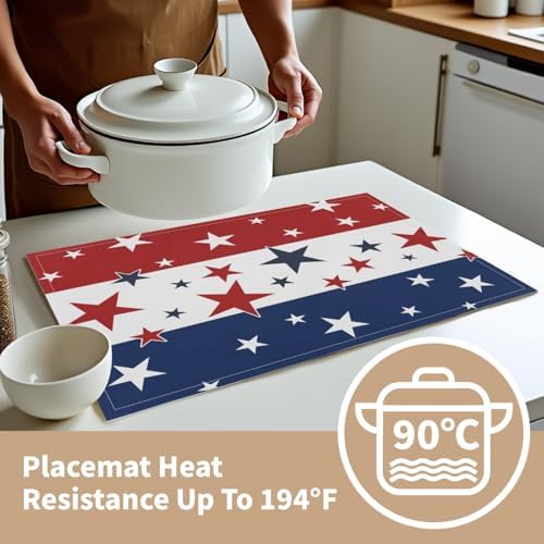 4th of July Placemats Set of 4 18x12 Inch Independence Day Patriotic Blue Red White Star Linen Place Mats Heat-Resistant Washable Wipeable Memorial Day Table Mat for Party Kitchen Dining Room Dinner