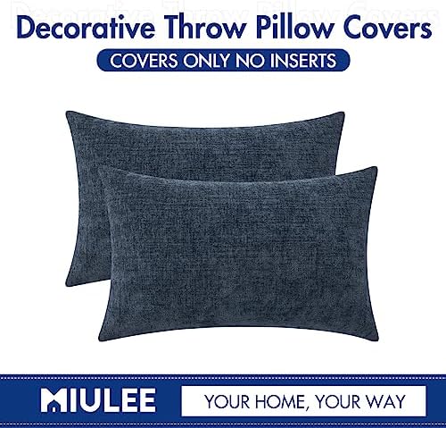 MIULEE Soft Chenille Lumbar Throw Pillow Covers Dark Navy 12x20 Pack of 2