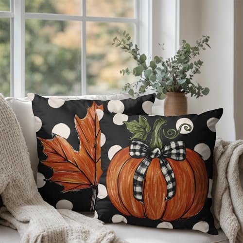 Fall Pillow Covers 22x22 Set of 2 Pumpkin Maple Leaves Polka Dot Throw Pillow Cases Autumn Thanksgiving Buffalo Plaid Bow Outdoor Decorative Farmhouse Harvest Cushion Case for Couch Sofa