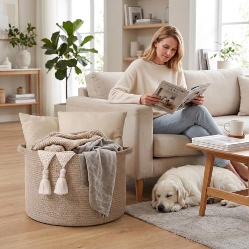 115L Large Blanket Basket,Woven Rope Laundry Basket-Brown