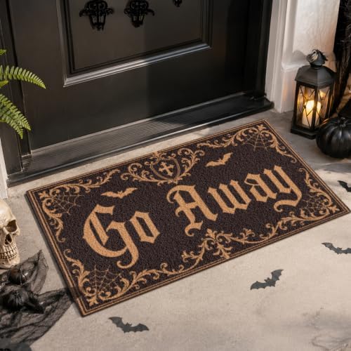 Halloween Door Mat with Go Away Design for Porch Outdoor Gothic Bat Mat