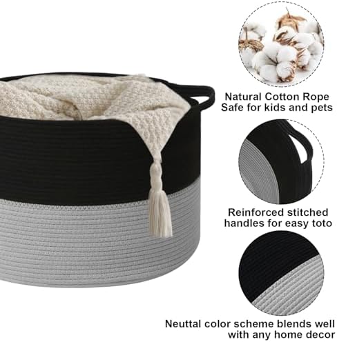 115L Large Blanket Basket,Woven Laundry Basket-Black&Light Grey