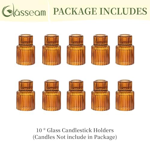 Glasseam Glass Tapered Candlestick Holders: 10 Pcs Amber Fall Table Decor