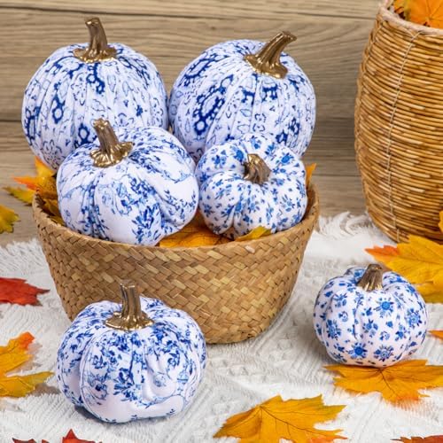 GnFlus Fake Pumpkin Decor 6 Pcs Faux Pumpkins Small Blue and White Velvet Pumpkins Mini Artificial Pumpkin Fall Decorations for Home Table Farmhouse Mantel Halloween Thanksgiving