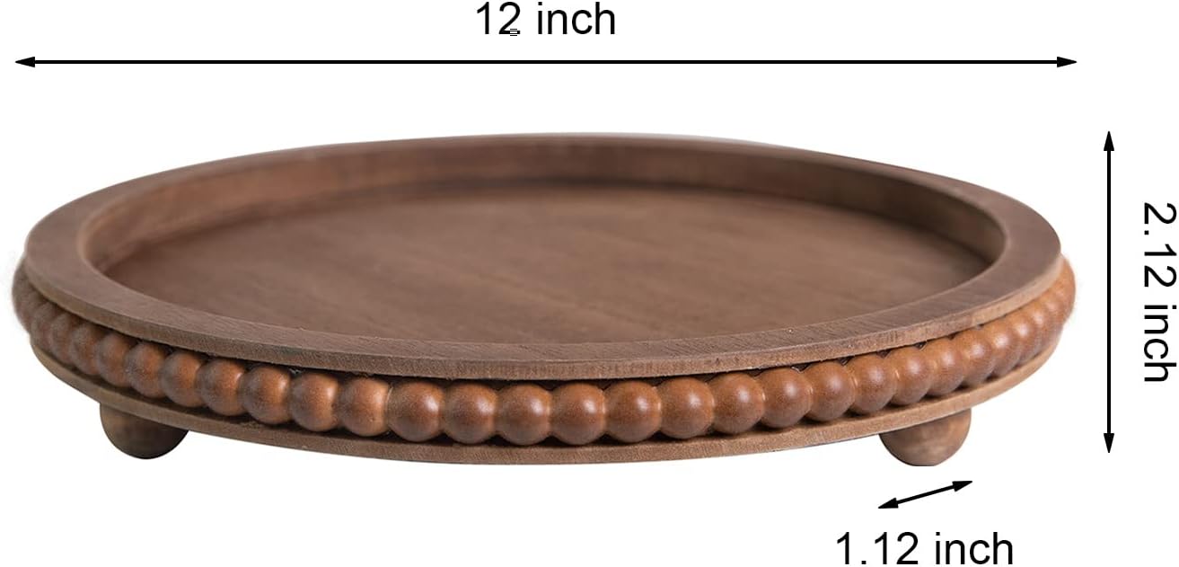 Round Wood Beaded Tray / 12inch Round Brown / 12 Inch