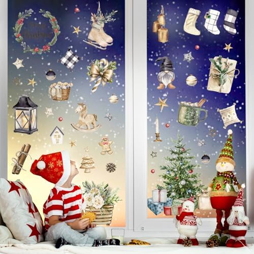 Whaline Christmas Window Clings Brown Vintage Xmas Tree Truck Window Stickers Double-Side Glass Decals for Home Party Supplies, 7.9 x 11.8 Inch, 9 Sheets