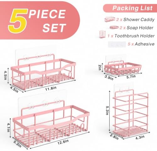 EUDELE 5-Pack Rustproof Stainless Steel Shower Caddy – No Drill Adhesive Bathroom Organizer with Large Capacity