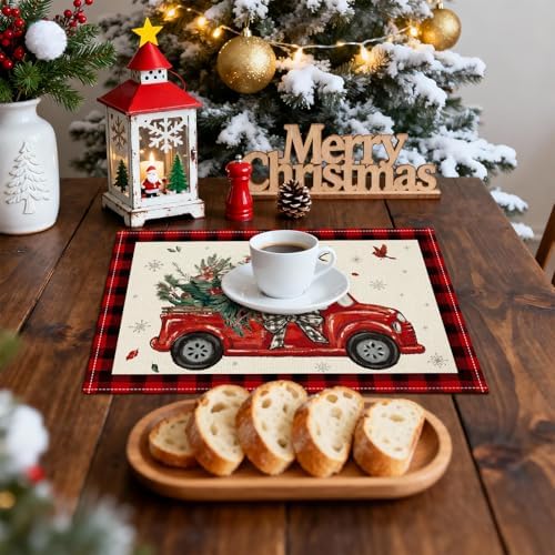 OTOSTAR Christmas Placemats Set of 4, 12x18 Inch Red and Black Buffalo Plaid Christmas Truck Tree Place Mats Seasonal Winter Xmas Holiday Kitchen Dining Table Mats for Home Party