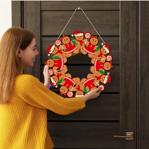 Merry Christmas Gingerbread Man Front Door Wreath, Xmas Wooden Gingerbread Boy Hanging Sign Christmastree Topper Ornament Wall Door Candy Hanger Outdoor Outside Porch Party Decor Supplies