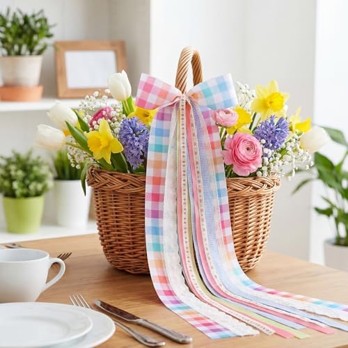 Riceshoot Wreath Bow Sash for Front Door Plaid Ribbon with Clip 9.8x23.6in