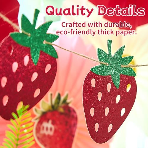 OBBOLO Strawberry Party Decorations, Strawberry and White Flower Paper Fans, with Strawberry Banner, for Berry First Birthday, Sweet 1st Birthday, Baby Shower, Strawberry Themed Birthday Hanging Decor