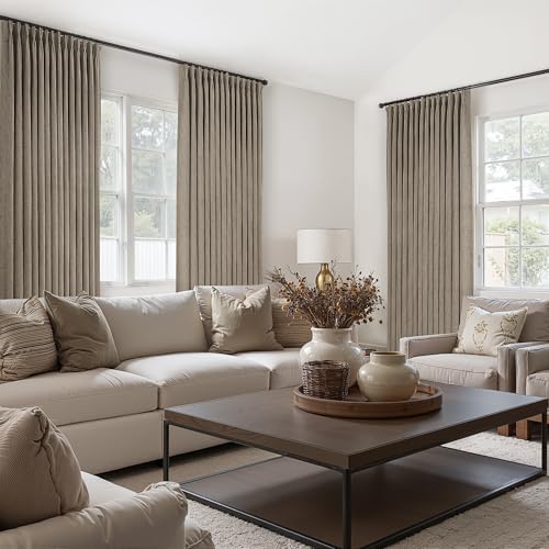 Custom 60 Inch Wide Pleated Natural Linen Curtains 92 Inches Long for Office, Memory Shape Dark Flax Semi Sheer Light