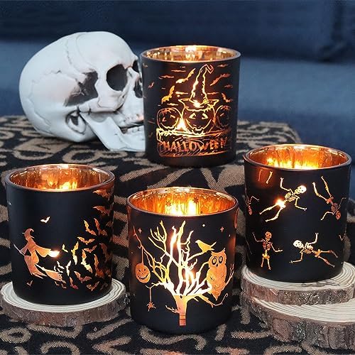 SHMILMH Halloween Glass Candle Holders Set of 4, Votive Tealight Holder Candle Jar for Making Candle, Halloween Office Kitchen Mantel Table Centerpiece Decoration