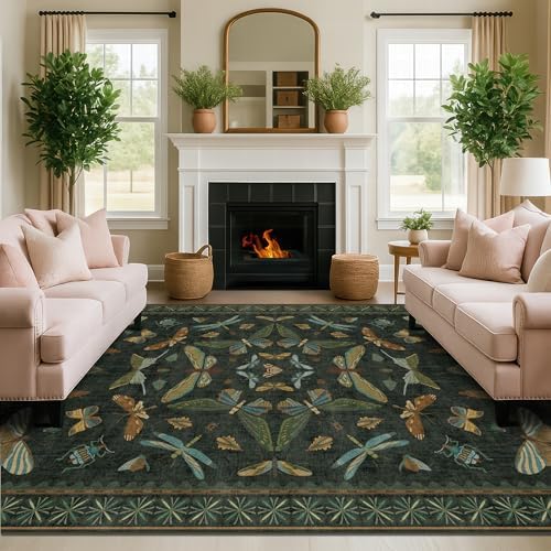 6x8 Dark Green Washable Dining Room Rug - Vintage Area Rug for Living Room, Bedroom Under Bed Low Pile & Soft, Insect