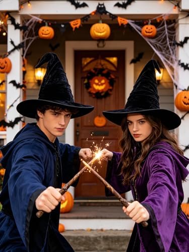 Halloween Witch Hat, Ruched Witches Hats for Women Wizard Hats Halloween Costume Accessories Cosplay Party Decorations Favors