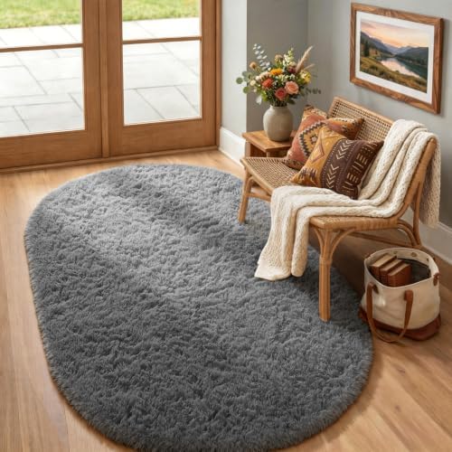 Ophanie 4x6 Oval Grey Rugs for Bedroom Living Room, Fluffy Fuzzy Furry Carpet, Plush Soft Shaggy Bedside Indoor Floor