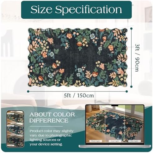 Dark Navy Floral Entry Rug - 3x5 Ft Washable Indoor Outdoor Mats for Front Door Porch Rug Non-Slip Spring Door Mat Boho