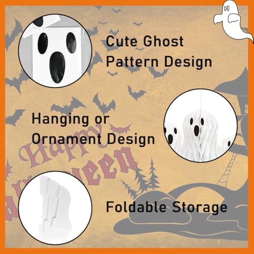 Halloween Ghost Honeycomb Hanging Decorations 6 Pcs White Table Centerpiece Paper Hanging Ornaments Halloween Party Window Spooky Haunted House Desk Decor