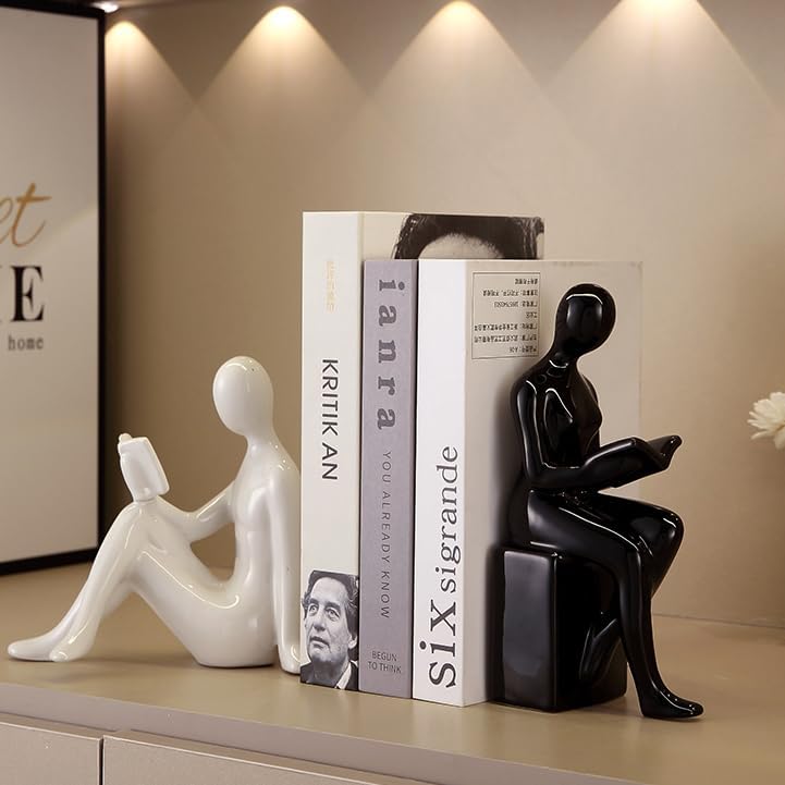 Modern Decorative Ceramic Reading Figure Bookends / Black+ White
