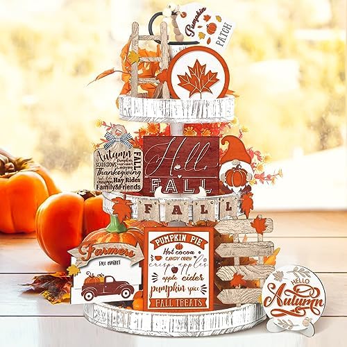 Huwena 16 Pcs Fall Tiered Tray Decor Thanksgiving Table Centerpieces Wood