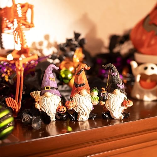 Valery Madelyn Gnomes Halloween Decorations Indoor, 3 Pcs Resin Gnome Decor for Home with Bat Witch Hat, Halloween Figurines Elf Dwarf with Broom Jack O Lantern for Table Tiered Tray Outdoor, 3.6"