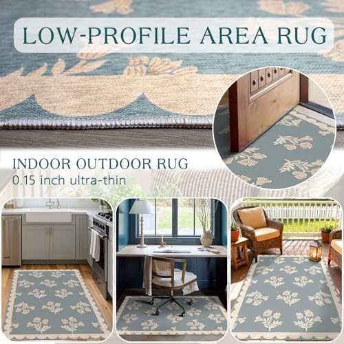 3x5 Floral Entry Rug - Small Washable Indoor Outdoor Mats for Front Door Non-Slip Porch Rug Blue Boho Farmhouse