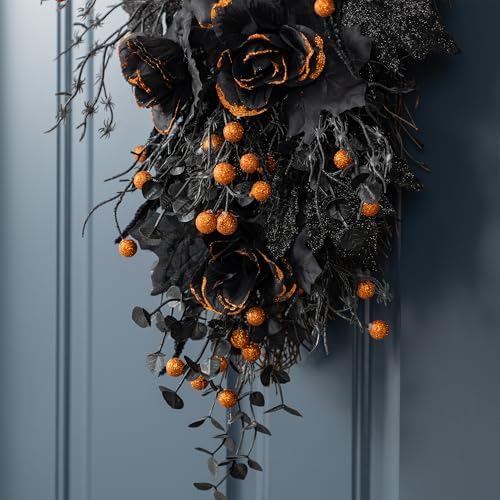 Glitzhome Halloween Teardrop Swag, 28" H Spooky Black Fall Swag Decor, Twig Wreath with Black Rose and Berry Floral Swag for Doorway, Wall, or Mantel, Set of 2