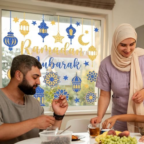 Whaline 6 Sheet Glitter Ramadan Window Clings Window Decal Blue-Gold Eid Mubarak Moon Star Reusable Anti-Collision Glass Decor for Home School Office Muslim Al Fitr Party Supplies