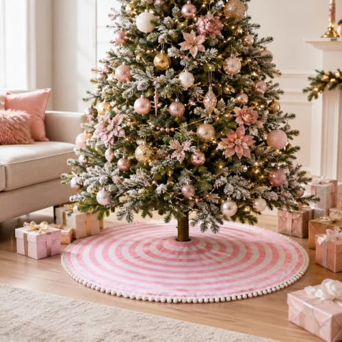 30 Inch Pink and White Christmas Tree Skirt with Pom Poms