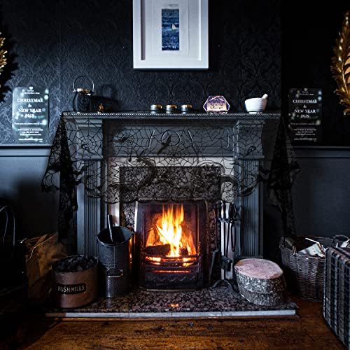 AIEX Halloween Fireplace Scarf, 18x96inch Halloween Fireplace Decorations Lace Spiderweb Cobweb Fireplace Mantle Scarf for Indoor Decor (Black)
