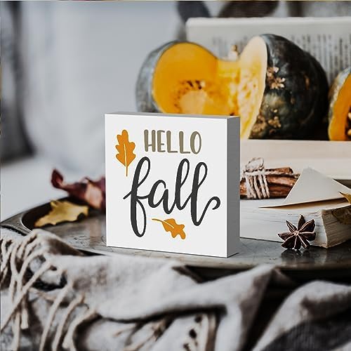 Fall Wooden Box Sign for Tiered Tray, 5.1 X 5.1 Inch Pumpkin Autumn Wood Sign for Home Living Room Harvest Day Thanksgiving Tabletop Decor - Hello Fall