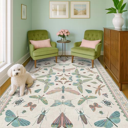 5x7 Pink and Green Nursery Rug - Colorful Rug for Playroom, Bedroom, Living Room, Insect Butterfly Floral Non-Slip Soft