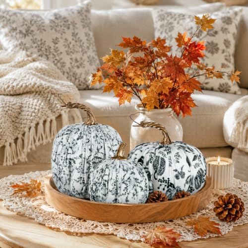 3 Pcs Velvet Fake Pumpkins, Black and White Fall Decor for Home Indoor
