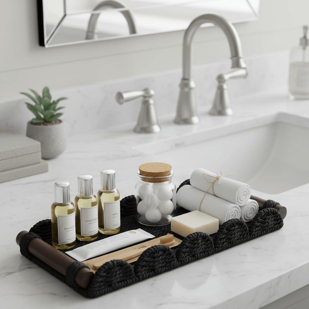 Scalloped Decorative Tray w/Wood Handle for Counter / Black / 13 x 6.3 x 1.6