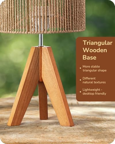 EDISHINE Small Rattan Table Lamp, Wood Tripod Bedside Lamp, 14.2", E26 Base