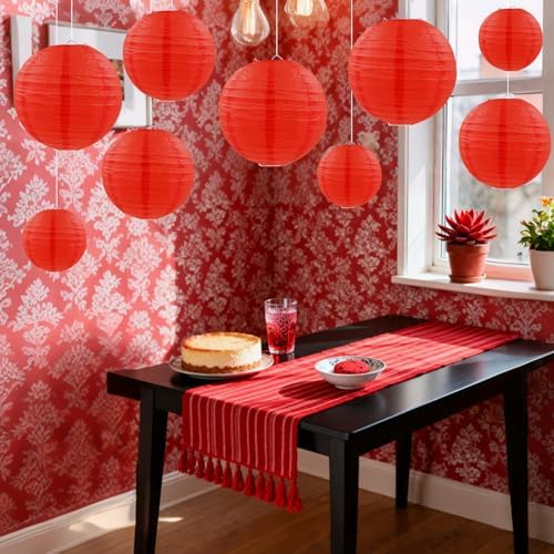 Red Paper Lanterns Round Hanging Lanterns for Birthday Wedding Baby Bridal Shower Christmas Home Party Decoration (9 PCS)