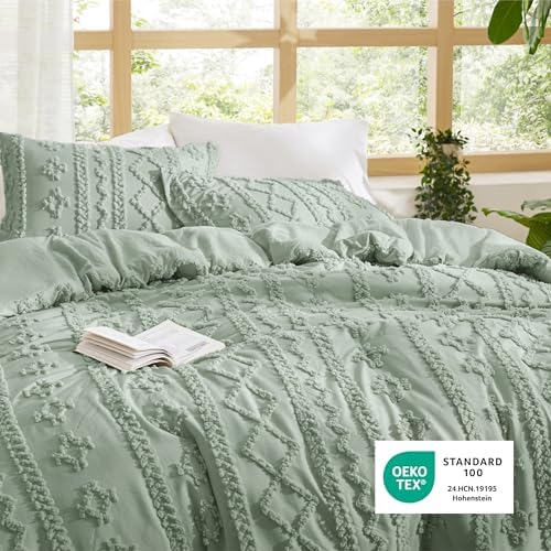 Bedsure Tufted Boho Comforter Set Twin Size - Sage Green Boho Bed Set, GentleSoft™ 2 Pieces Farmhouse-Style Embroidery