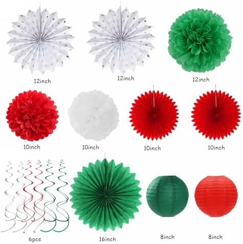 Red-Green White Christmas Party-Decorations - 33pcs Banner,Mexico Italy Streamers Tassel Garland,Tissue Pom Poms Honeycomb,Paper Lantern Fans,Mexican Italian Birthday Wedding Baby Shower Decor Hugtmr
